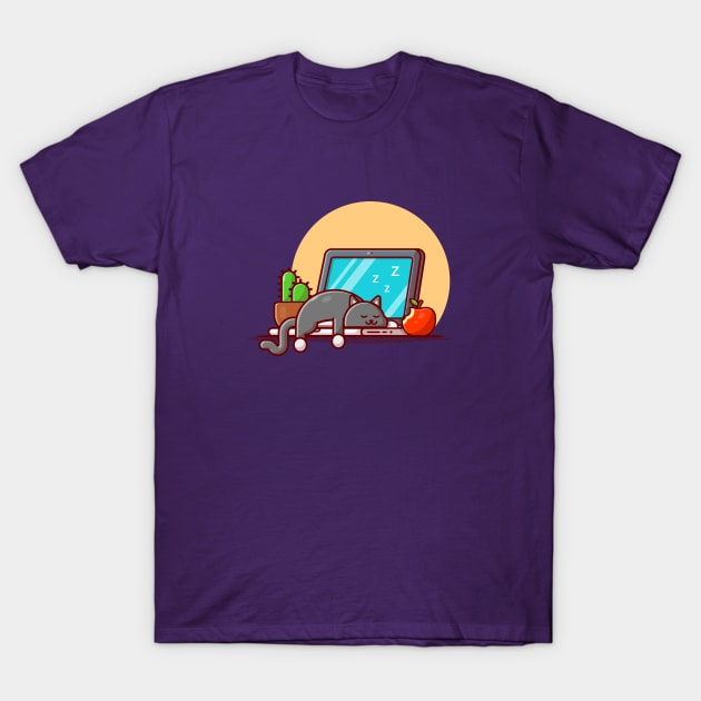 Cute Cat Sleeping On Laptop With Apple And Cactus Cartoon Vector Icon Illustration T-Shirt by Catalyst Labs